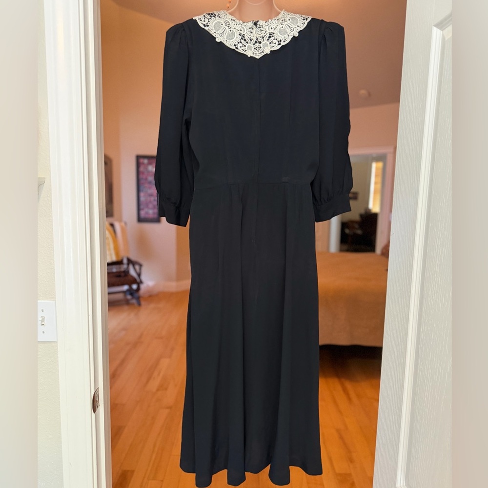 VTG 80s Jane Singer Black Cream Lace Dress Romantic Witchy Whimsygoth Prairie 14 - Picture 7 of 13